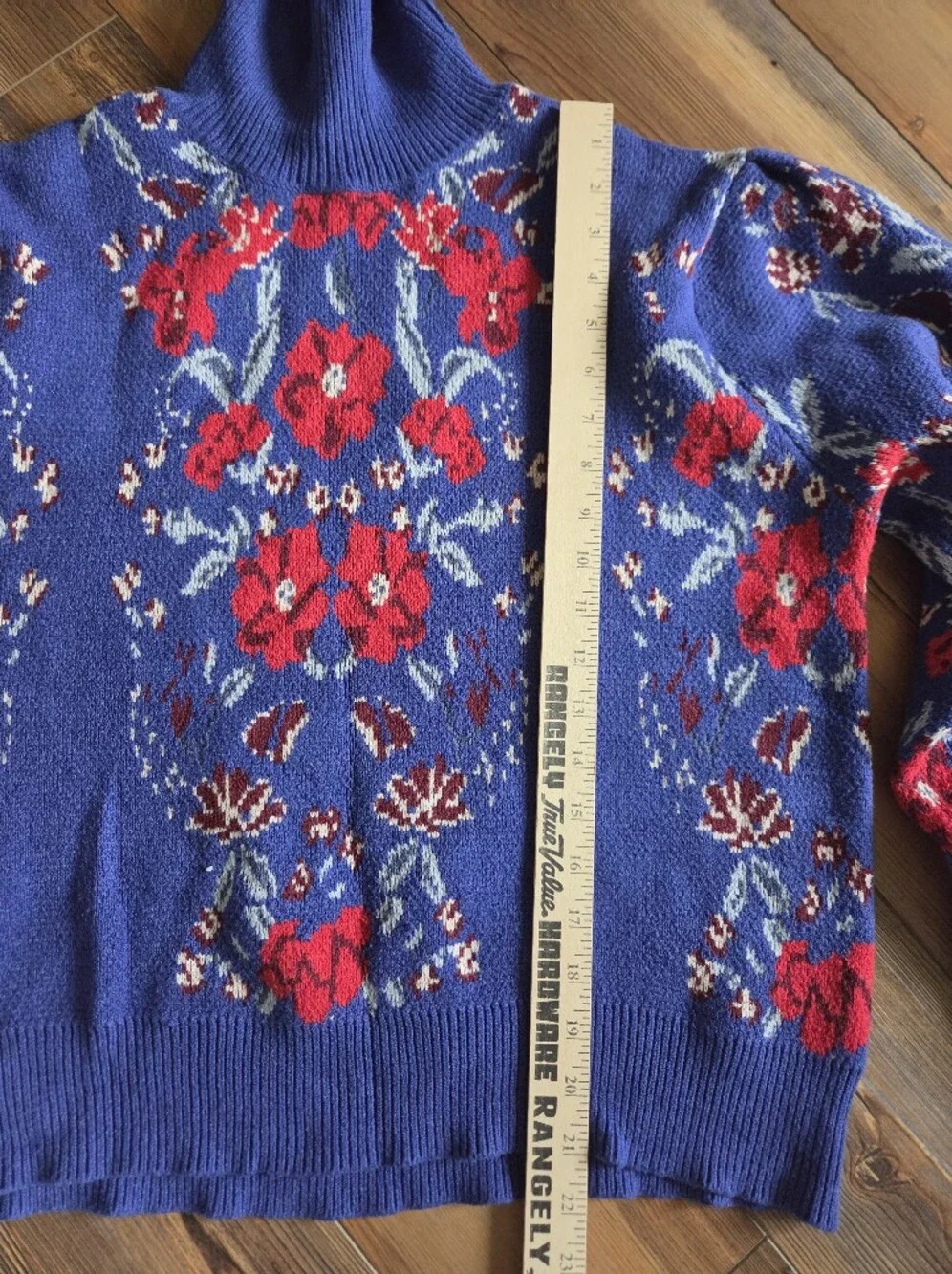 Blue Floral Turtleneck Sweater - Women's Stylish Knit, Size L By Voy